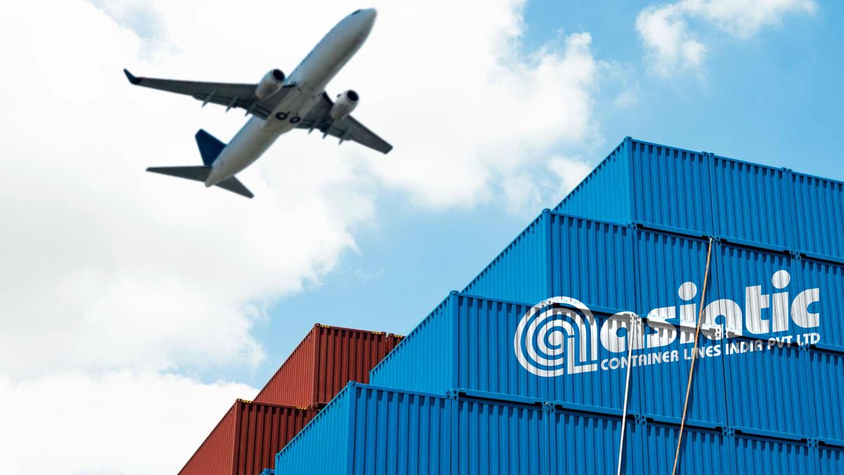 Airliner climbing over stacked containers