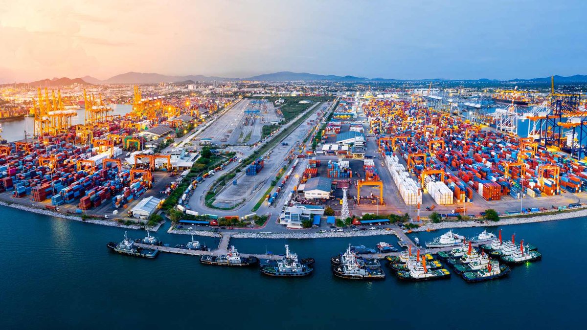 Aerial view of a container port and city